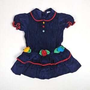 Vtg Dress Girls Sz 2T Navy Corduroy Flowers Party 80s 90s Wide Wale Classic